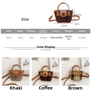 Detailed size guide and material specs for the vintage plaid girls' mini handbag