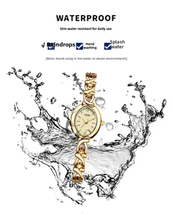 Macro shot of GEDI women's gold quartz watch highlighting 30M waterproof splash protection