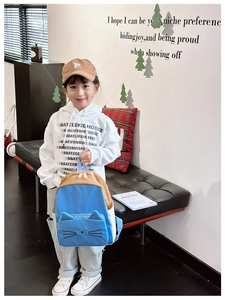 Detail of cute cat-themed kids backpack with 3D ears and durable canvas texture