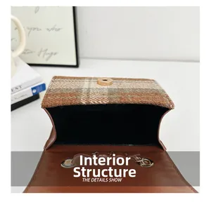 Detail showing the internal storage and magnetic clasp of the vintage plaid girls bag