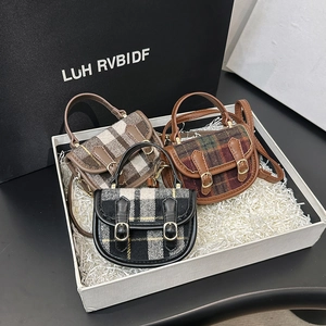 Mini Sac À Main Sac À Épaule Tweed De Laine À Carreaux Cuir PU Boucles Vintage Bandoulière Pour Petites Filles
