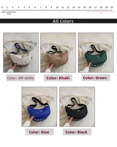 Detail of crescent canvas bag with smile icon and length scale reference guide