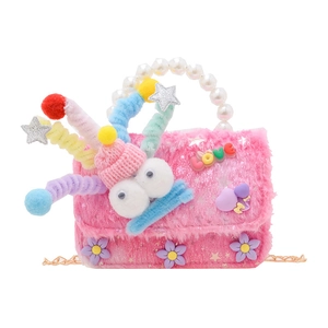 Sac à main en peluche rose pour filles avec yeux rigolos, anse perle et chaîne dorée