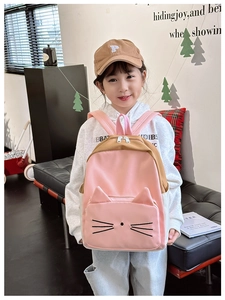Detailed view of children's cat backpack with pink straps and brown fabric contrast