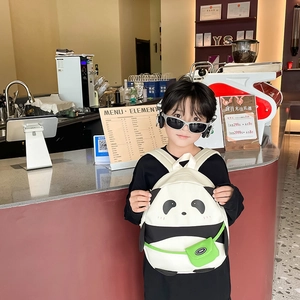 Cute panda-themed kids backpack for school with 3D ears and green mini sport pouch