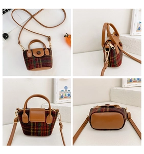 Detailed multi-angle views of a mini plaid tweed crossbody bag with brown leather accents