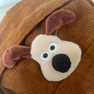 Kids corduroy backpack with cute 3D cartoon dog plush design in brown color