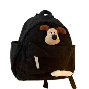Kids black corduroy backpack with cute Gromit cartoon puppy plush for kindergarten