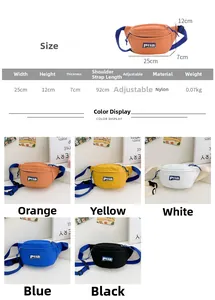 Detailed size chart and multi-color nylon waist bags for children showing 25x12x7cm dimensions