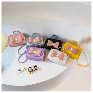 Detailed collection of colorful girls' mini PU crossbody bags with bow decorations