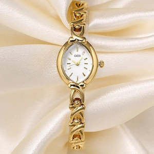 Elegant Women Quartz Bracelet Watch Oval Dial Zinc Alloy X-Shaped Hollow Metal Chain Strap Retro Luxury Waterproof