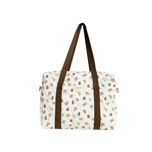 Cute white quilted floral tote bag with cartoon bear prints and brown handles