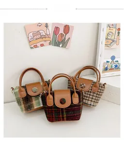 Three mini plaid tweed handbags for girls with brown leather trim and fur accents
