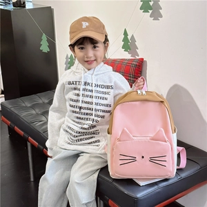 Pink and brown cartoon cat schoolbag for kids with 3D ears and lightweight design