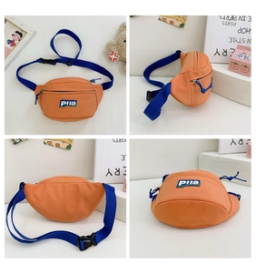 Multi-angle view of orange and blue kids chest bag with letter patch and buckle strap
