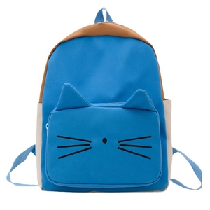 Blue cartoon cat backpack for kids with 3D ears and brown handles on white background