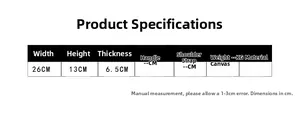 Size chart showing canvas waist bag dimensions: width 26cm, height 13cm, and thickness 6.5cm