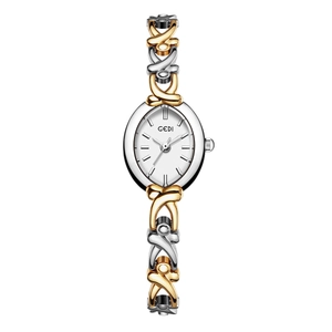 Elegant silver and gold tone women's quartz watch with X-shaped luxury metal link bracelet