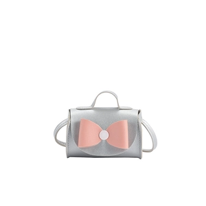 Silver mini crossbody bag for girls with pink bow and metallic PU leather finish