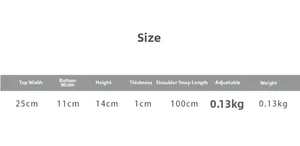 Detailed size chart for kids canvas crossbody bag with measurements and adjustable strap info