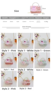 Size chart and color options for the girls' mini pearl handbag with Love letter design
