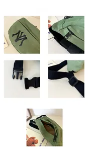Detail view of army green canvas waist bag showing NY logo, metal zippers and buckles