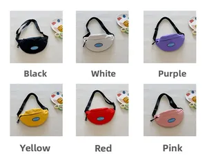 Multiple colors of canvas crossbody chest bags for kids showing adjustable straps and logo