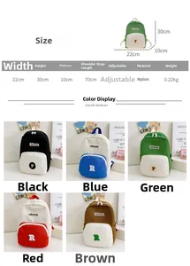 Size chart showing 22x30x10cm nylon backpack dimensions in multiple color options