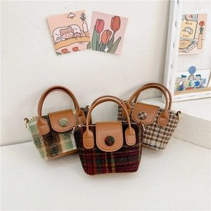 Girls Kids Mini Plaid Woolen Crossbody Bag Retro PU Leather Handbag With Adjustable Strap Korean Style Casual Fashion