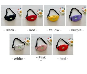 Collage showing colorful canvas chest bags for kids with PEACE patch and adjustable strap
