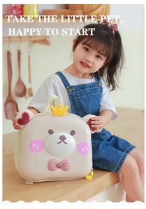 Detail of cute bear cartoon shell backpack for kids with 3D ears and crown decoration