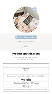 Detailed size chart for white rabbit nylon crossbody bag showing 20x6x20cm dimensions