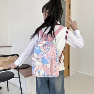 Zaino carino per bambina con sfumatura rosa e blu, stampe a cuore e ciondolo a coniglio