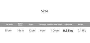 Detailed size chart for children canvas chest bag showing dimensions and adjustable strap