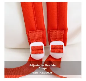 Detail view of the durable orange adjustable shoulder straps and white plastic buckles