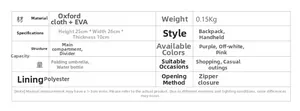 Detailed size and material specification chart for the cartoon bear toddler backpack