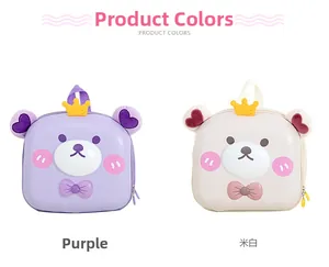 Detailed comparison of cute cartoon bear hard shell backpacks in purple and beige white