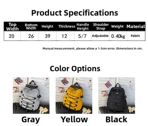 Size chart for canvas drawstring backpack with dimensions and adjustable strap details