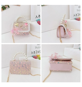 Detailed views of pink sequin girl bag with pearl handle and cartoon doll ornament
