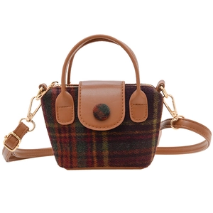 Retro plaid mini handbag for girls with brown leather trim and adjustable strap