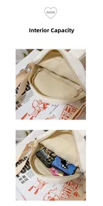 Detailed view showing internal storage capacity for phone and accessories in canvas bag