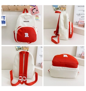 Detailed multi-angle views of kids canvas backpack with red and white contrast stitching