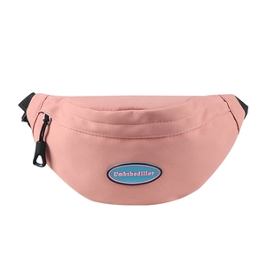 Pink canvas waist bag for kids featuring a three-color logo and adjustable black straps