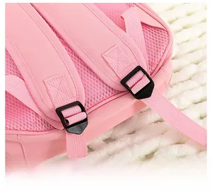 Detail of adjustable straps and breathable mesh on pink cartoon bear backpack