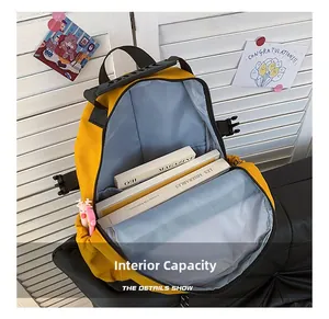 Interior capacity view of the yellow canvas backpack with books and cute charm