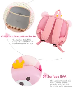 Pink cartoon EVA eggshell backpack showing breathable straps and interior mesh pocket
