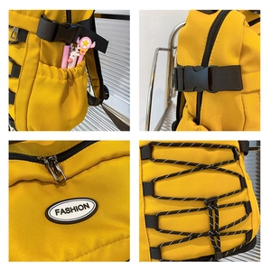 Detailed views of yellow canvas backpack features including side pockets and fashion logo