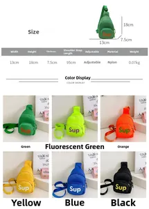 Size chart and dimensions for kids nylon crossbody chest bag in six vibrant colors