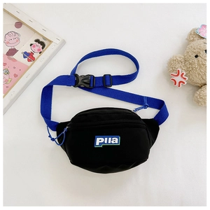 Close-up of black canvas kids fanny pack with blue strap and Plla letter patch