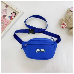 Close-up of royal blue kids canvas waist bag with adjustable strap and zipper closure
